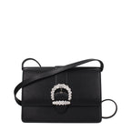 Jimmy Choo black leather crossbody bag with sleek design and adjustable strap, featuring subtle metallic accents.