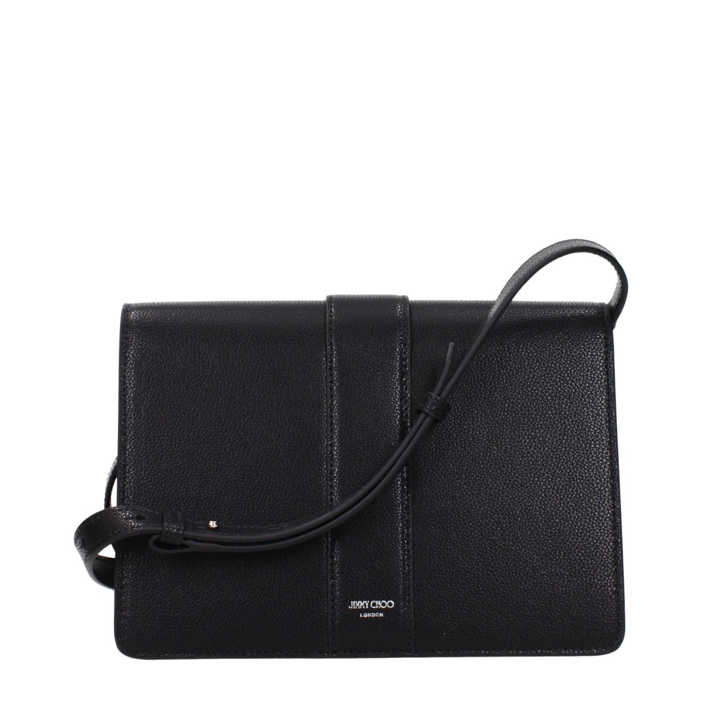Black leather Jimmy Choo crossbody bag with sleek design and adjustable strap, featuring subtle brand accents.