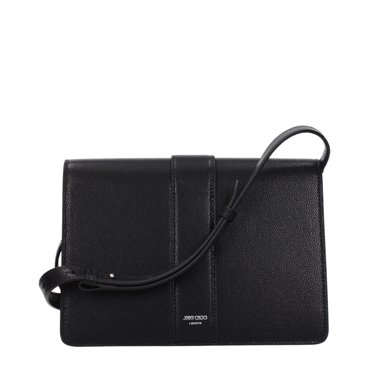 Black leather Jimmy Choo crossbody bag with sleek design and adjustable strap, featuring subtle brand accents.