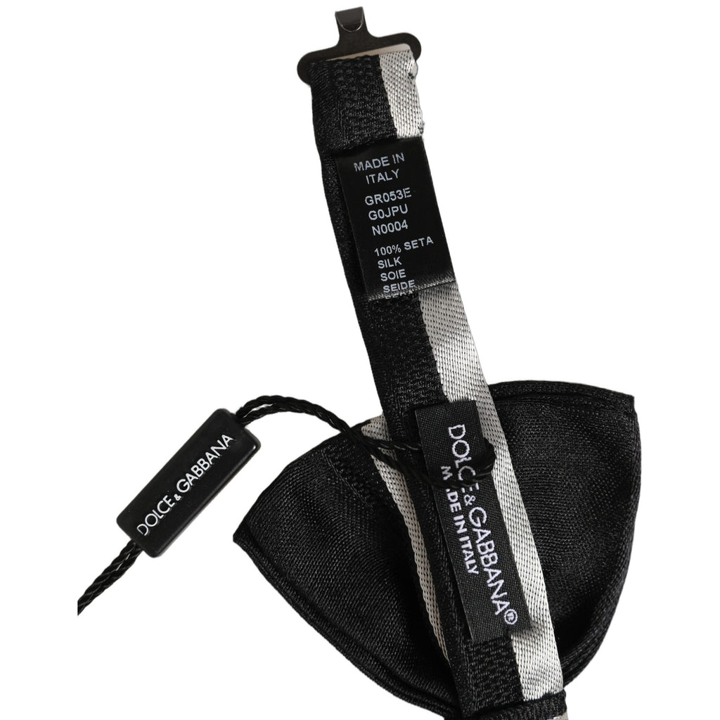 Dolce & Gabbana Black Silver 100% Silk Adjustable Neck Papillon Bow Tie