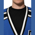Dolce & Gabbana Blue Cotton Logo Patch Ribbed Knit Cardigan Sweater