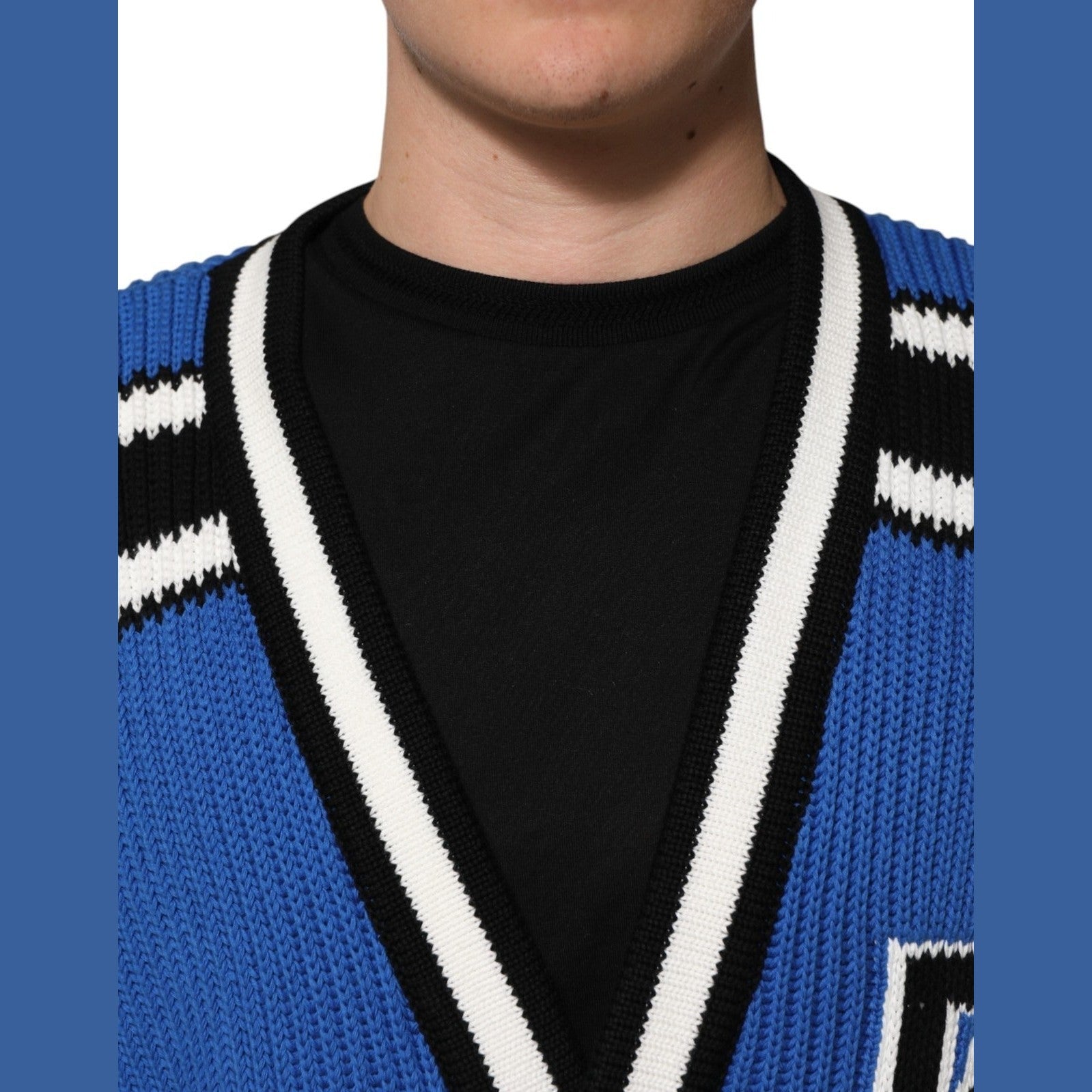 Dolce & Gabbana Blue Cotton Logo Patch Ribbed Knit Cardigan Sweater