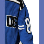 Dolce & Gabbana Blue Cotton Logo Patch Ribbed Knit Cardigan Sweater