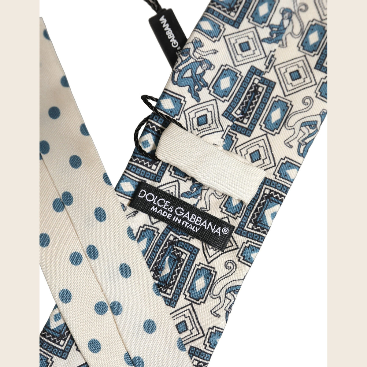 Dolce & Gabbana Men Off White Blue Geometric Adjustable Tied Necktie Tie