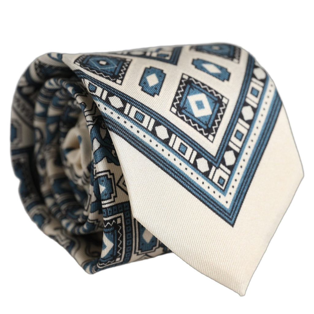 Dolce & Gabbana Men Off White Blue Geometric Adjustable Tied Necktie Tie
