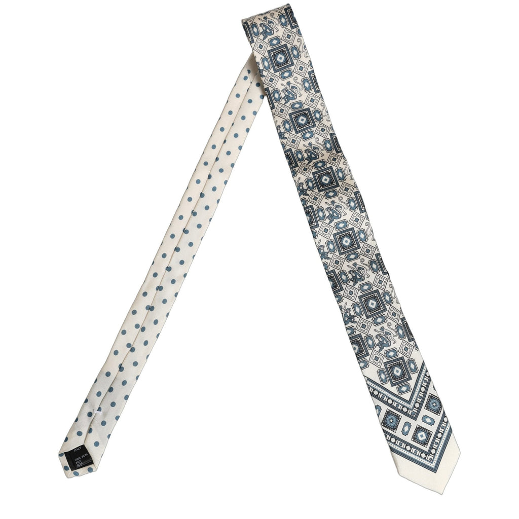 Dolce & Gabbana Men Off White Blue Geometric Adjustable Tied Necktie Tie
