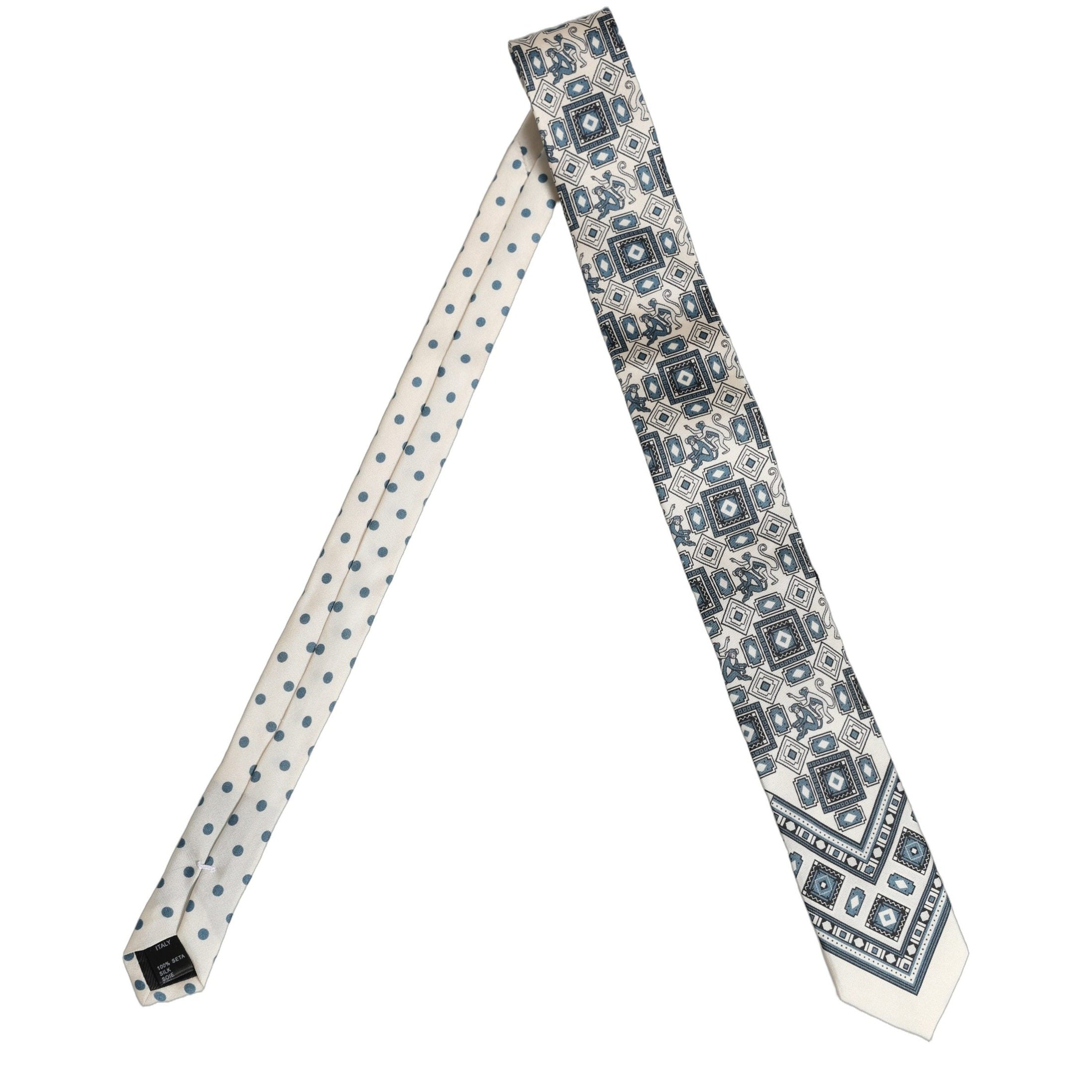 Dolce & Gabbana Men Off White Blue Geometric Adjustable Tied Necktie Tie