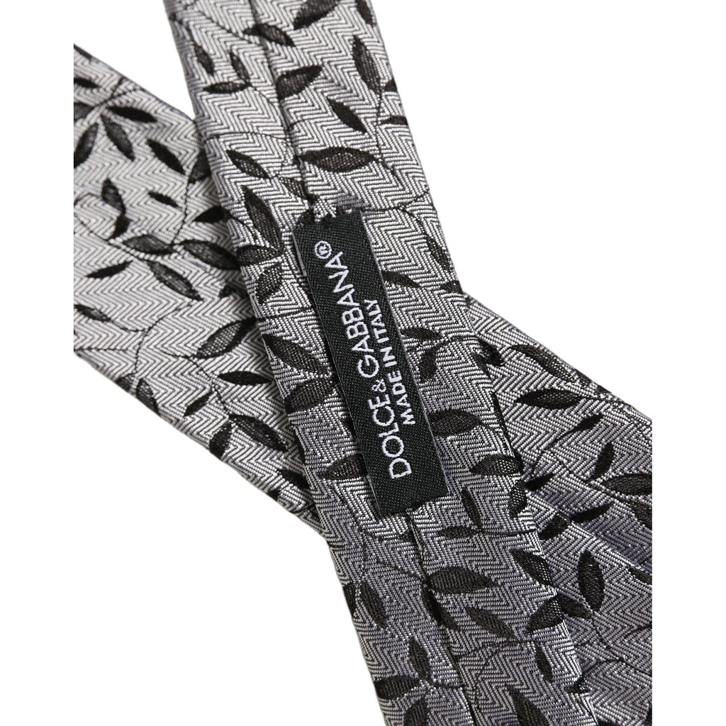 Dolce & Gabbana Men Gray Leaf Pattern Silk Adjustable Tied Necktie Tie