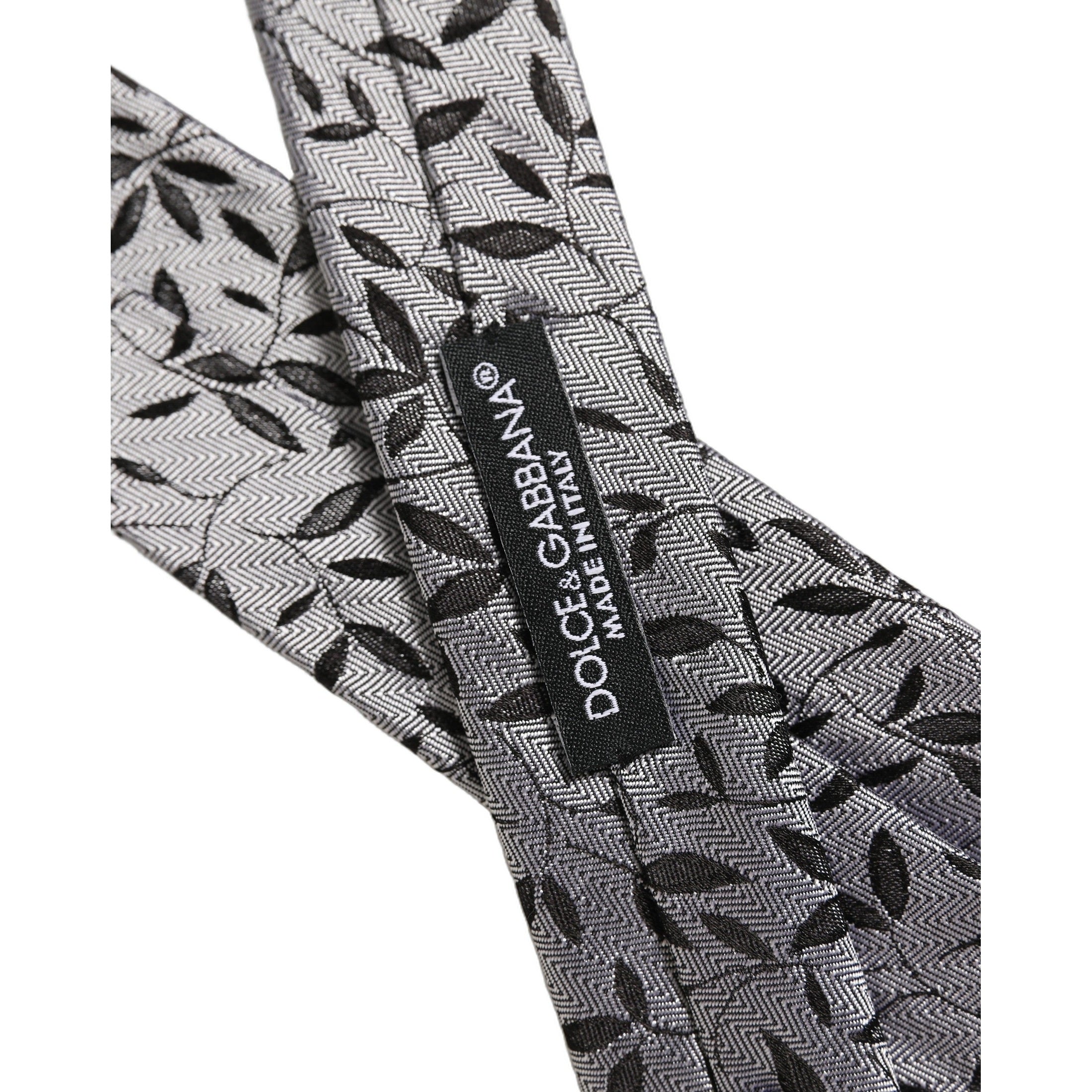 Dolce & Gabbana Men Gray Leaf Pattern Silk Adjustable Tied Necktie Tie