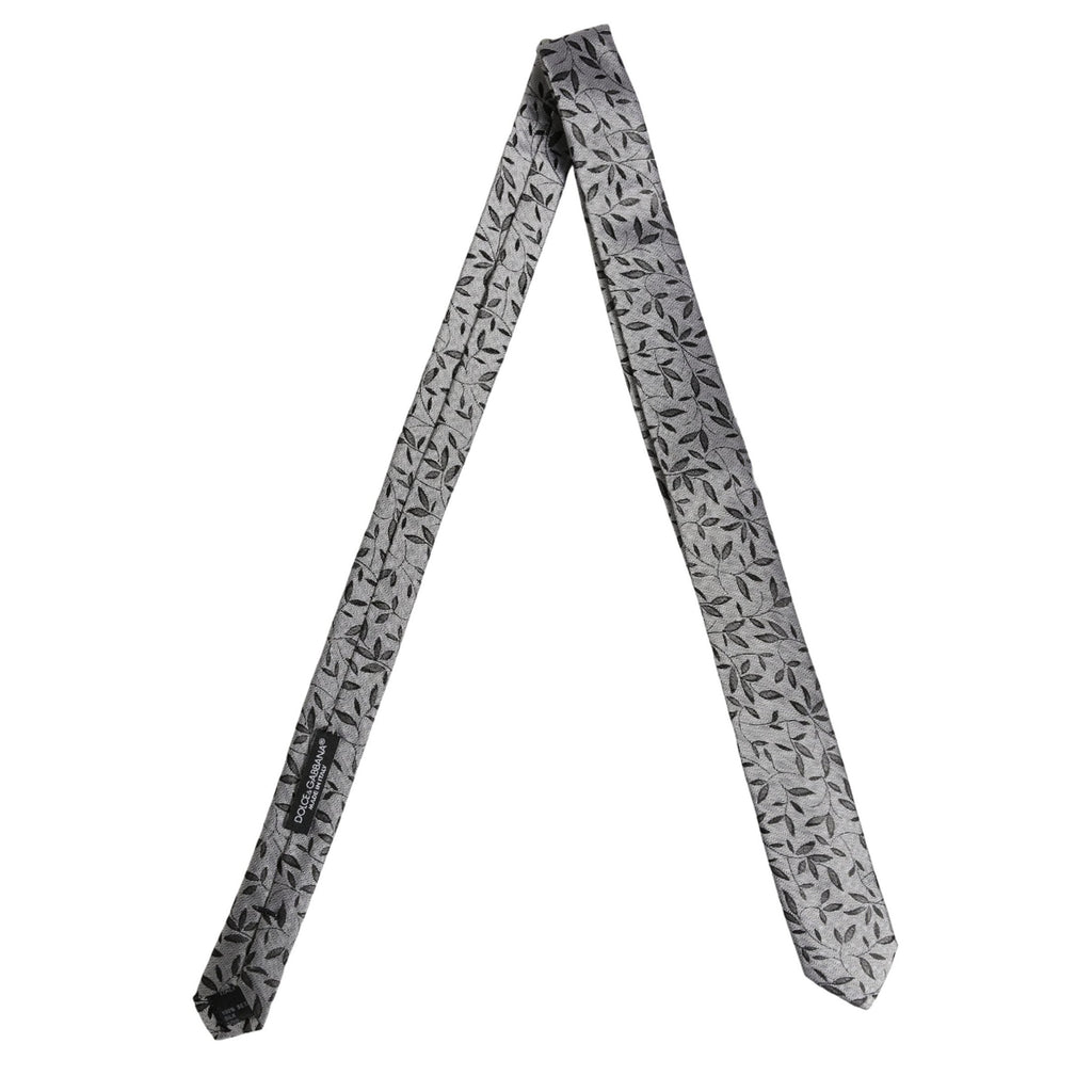 Dolce & Gabbana Men Gray Leaf Pattern Silk Adjustable Tied Necktie Tie