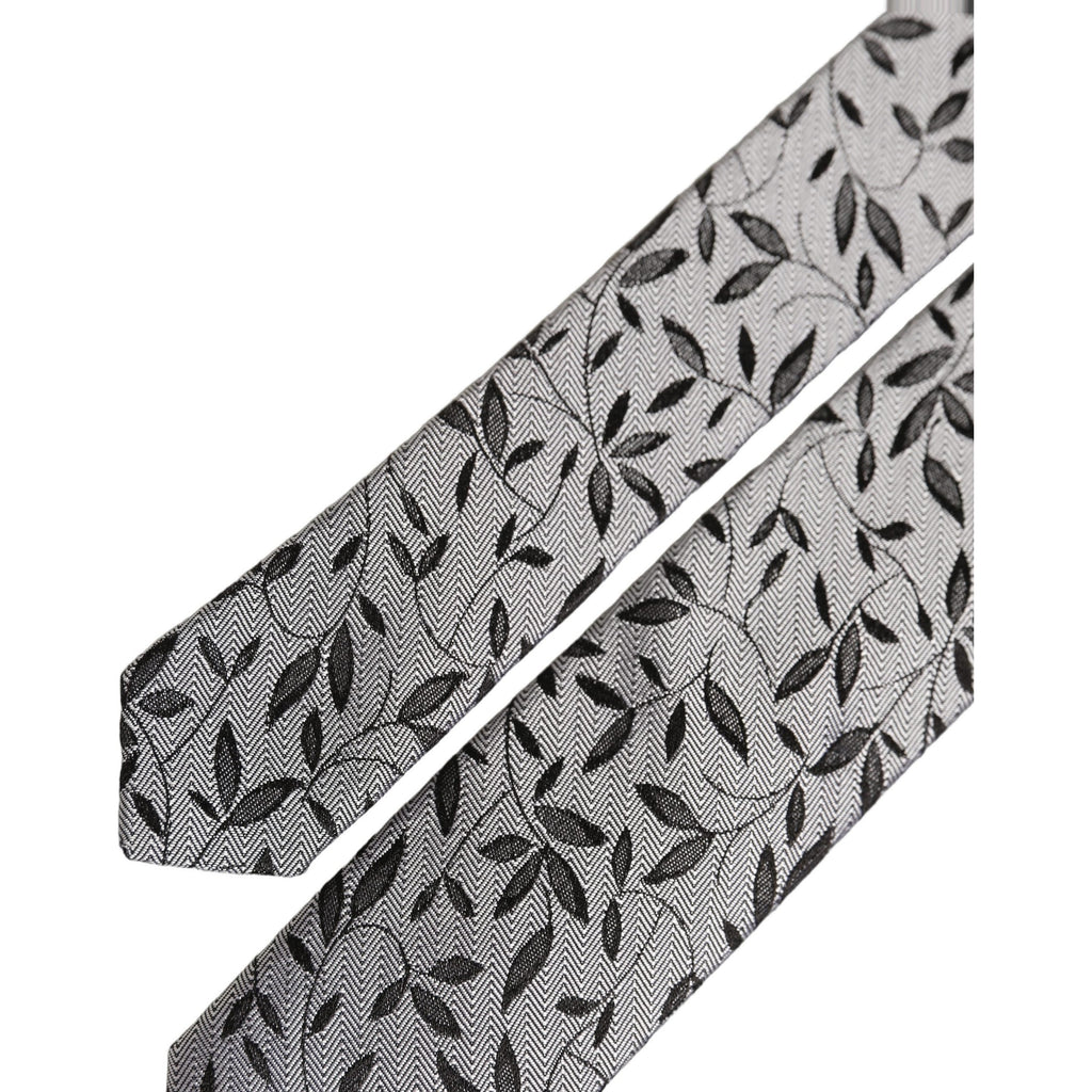 Dolce & Gabbana Men Gray Leaf Pattern Silk Adjustable Tied Necktie Tie