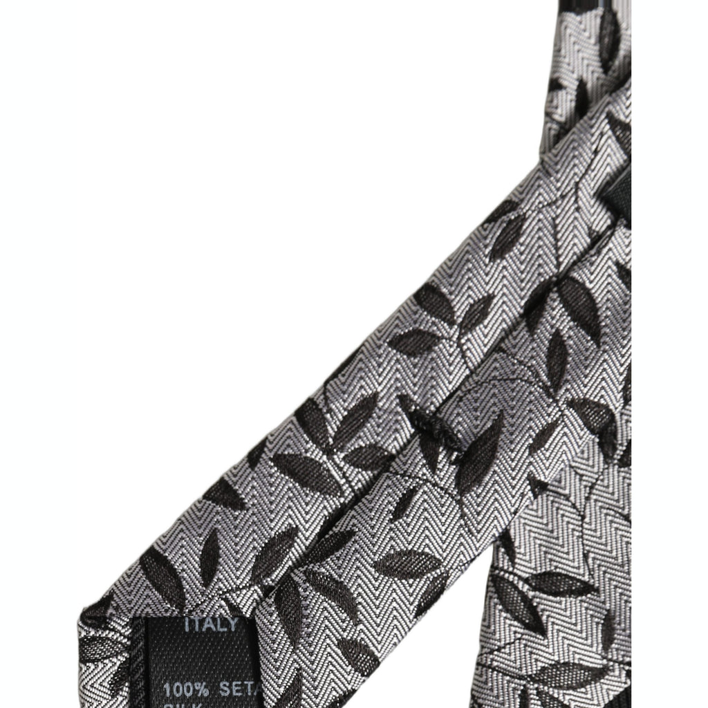 Dolce & Gabbana Men Gray Leaf Pattern Silk Adjustable Tied Necktie Tie