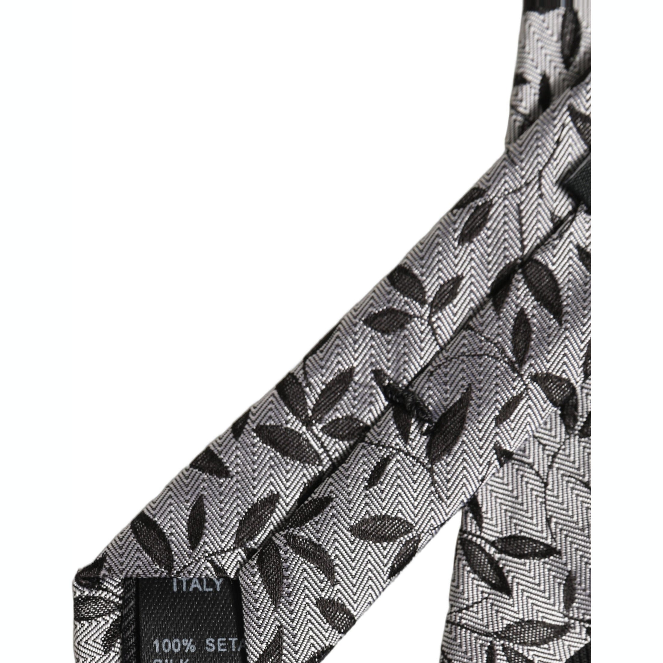 Dolce & Gabbana Men Gray Leaf Pattern Silk Adjustable Tied Necktie Tie