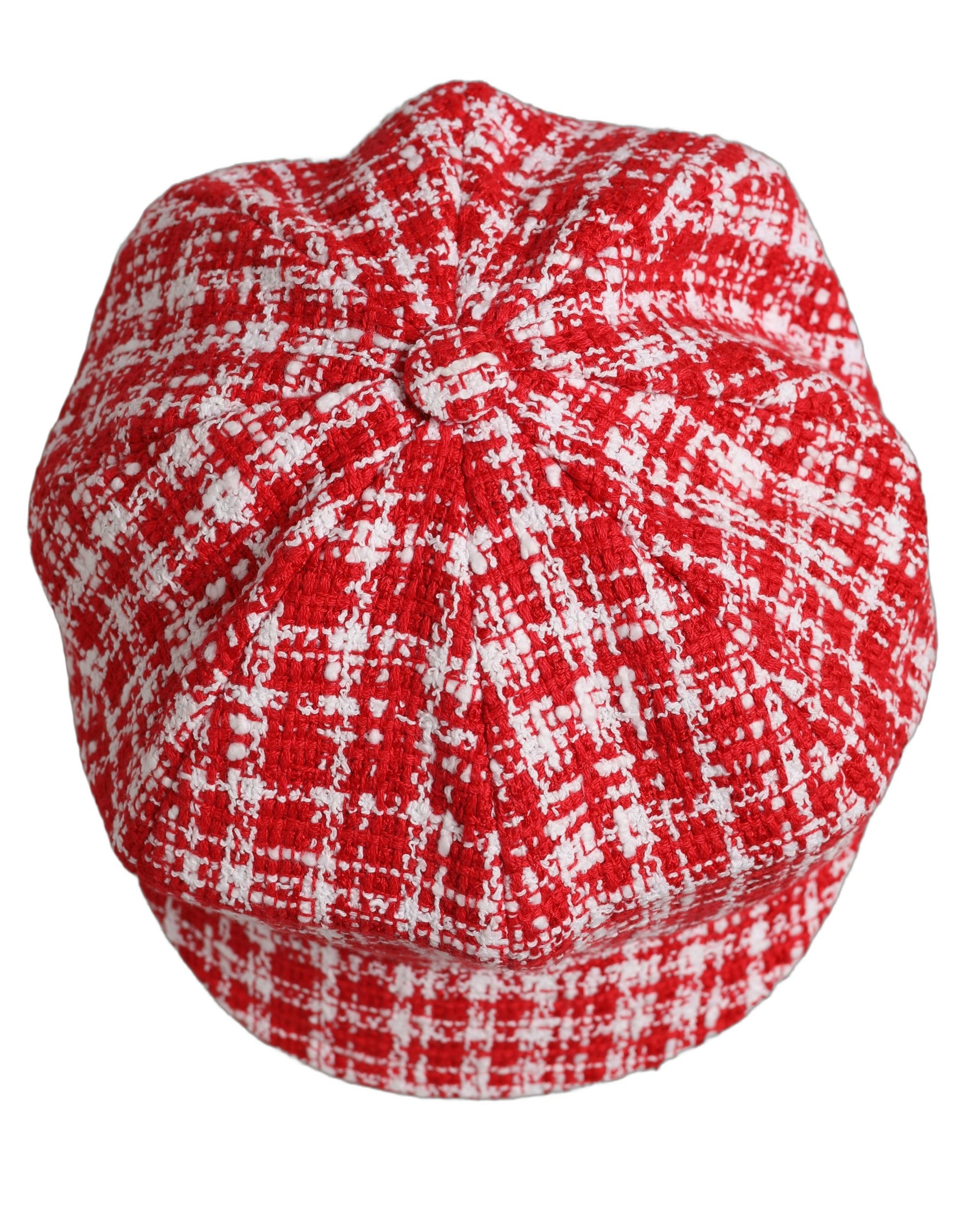 Dolce & Gabbana Red White Tweed Textured Baker Boy Capello Hat Dolce & Gabbana