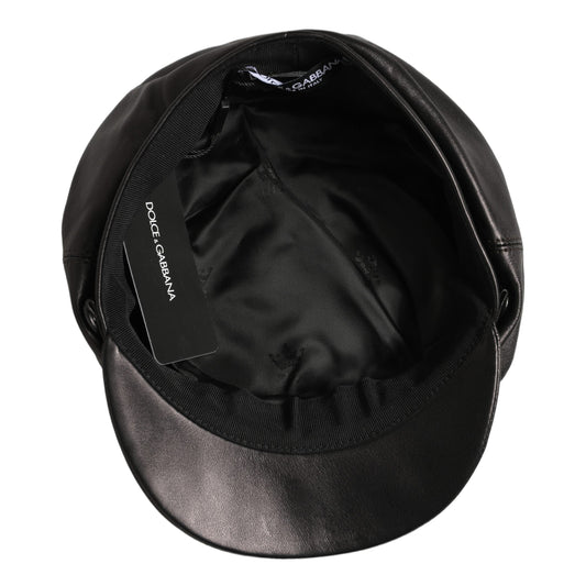 Dolce & Gabbana Black Lambskin Leather Newsboy Capello Hat Dolce & Gabbana