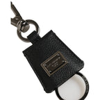 Dolce & Gabbana Black Dauphine Leather Silver Metal Logo Plaque Keyring Dolce & Gabbana