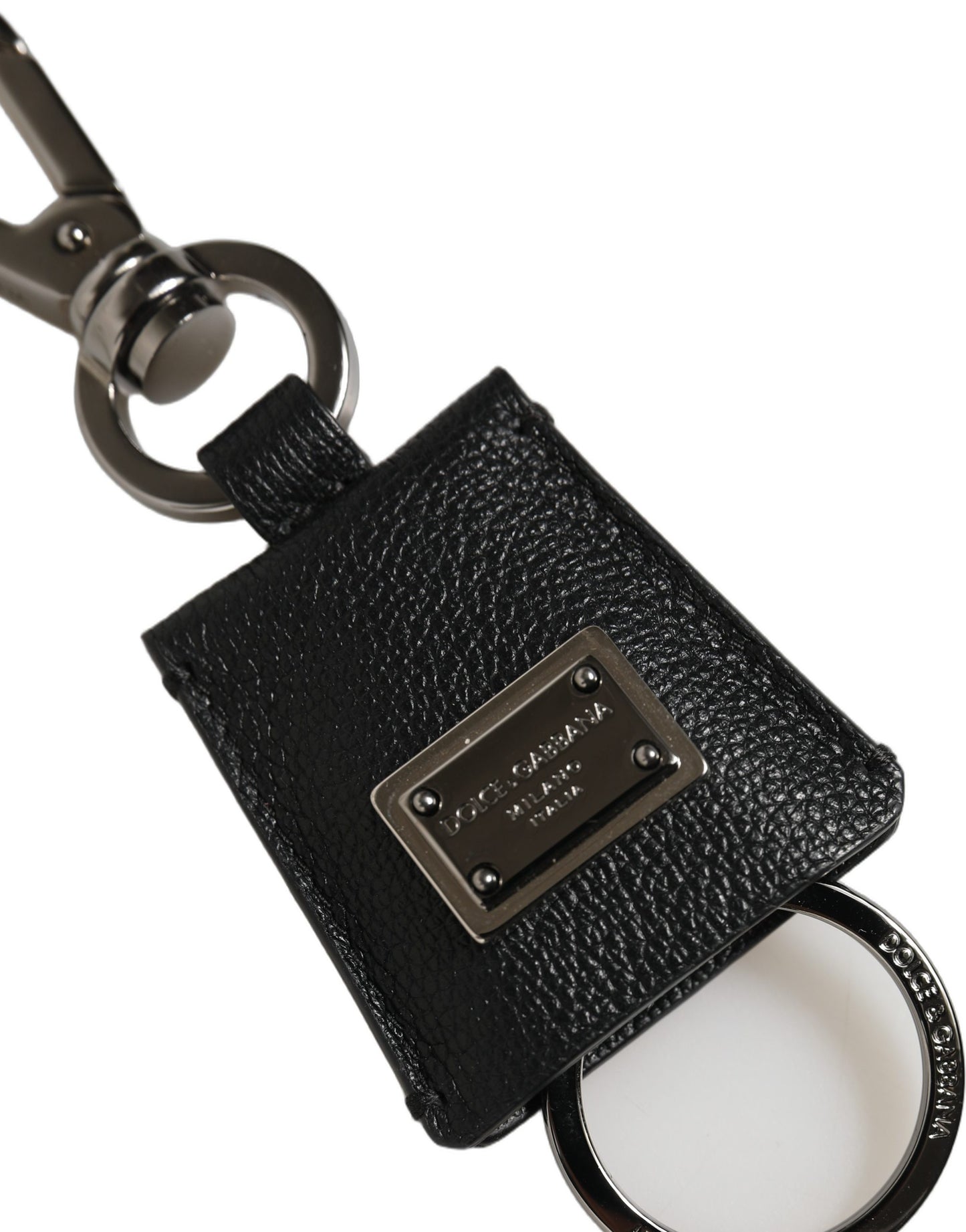 Dolce & Gabbana Black Dauphine Leather Silver Metal Logo Plaque Keyring Dolce & Gabbana