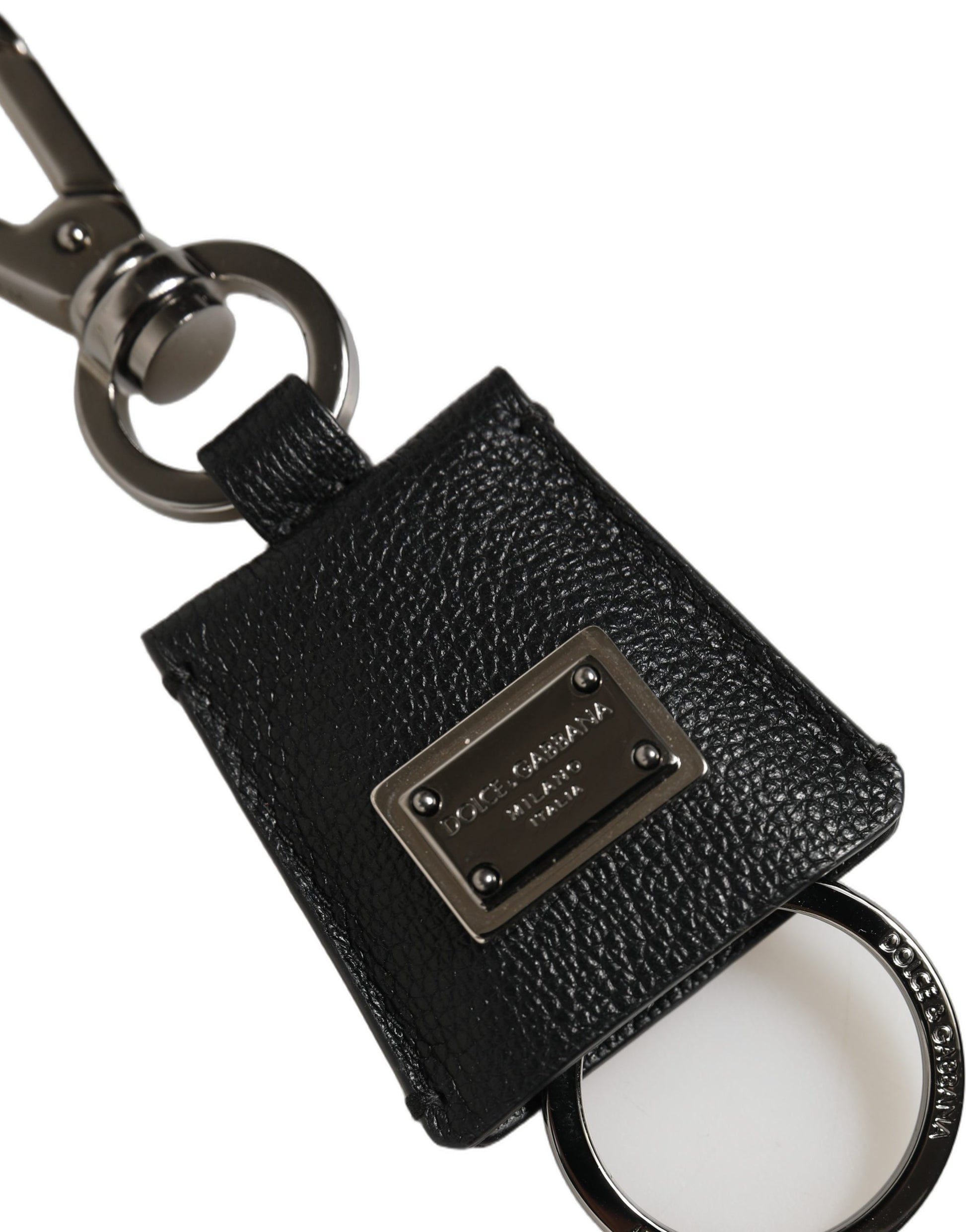 Dolce & Gabbana Black Dauphine Leather Silver Metal Logo Plaque Keyring Dolce & Gabbana