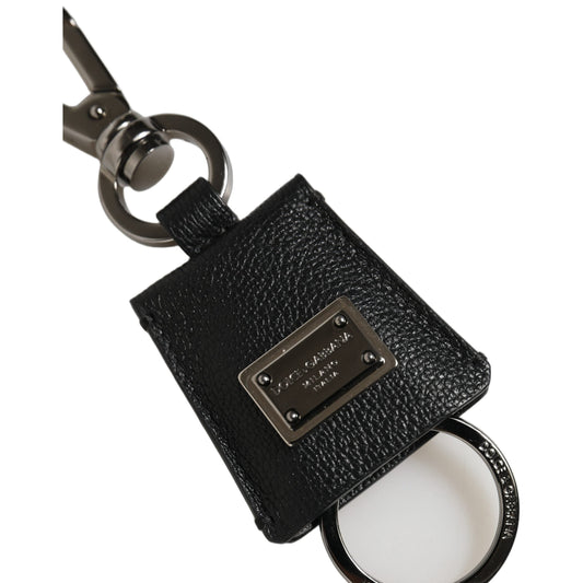 Dolce & Gabbana Black Dauphine Leather Silver Metal Logo Plaque Keyring Dolce & Gabbana