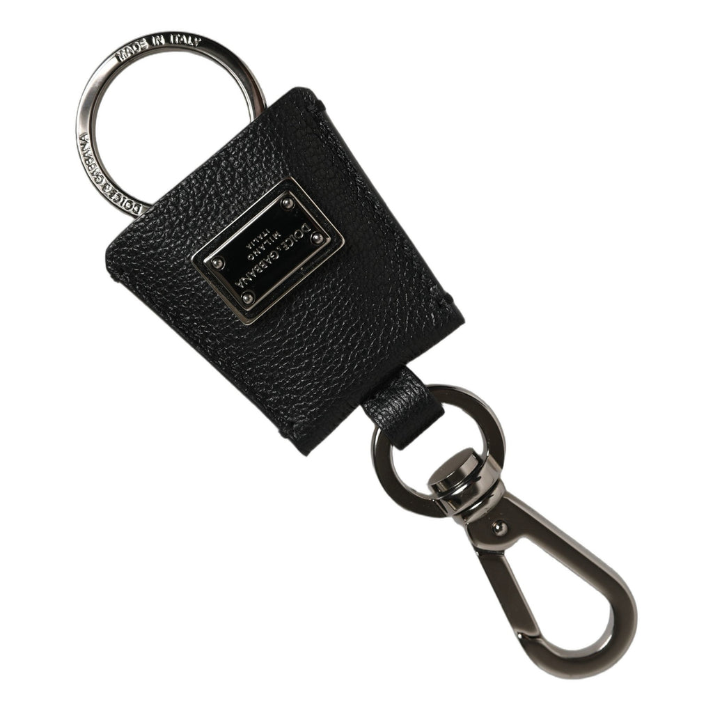 Dolce & Gabbana Black Dauphine Leather Silver Metal Logo Plaque Keyring Dolce & Gabbana