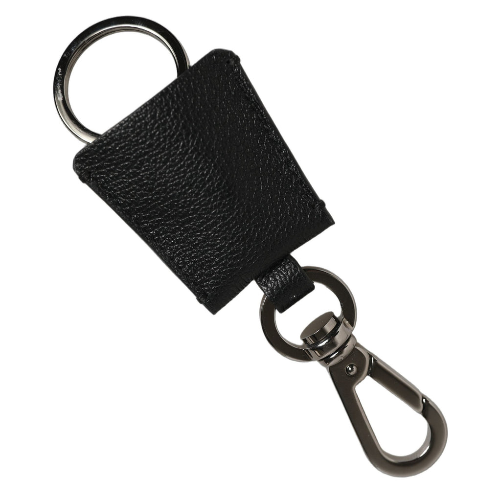Dolce & Gabbana Black Dauphine Leather Silver Metal Logo Plaque Keyring Dolce & Gabbana