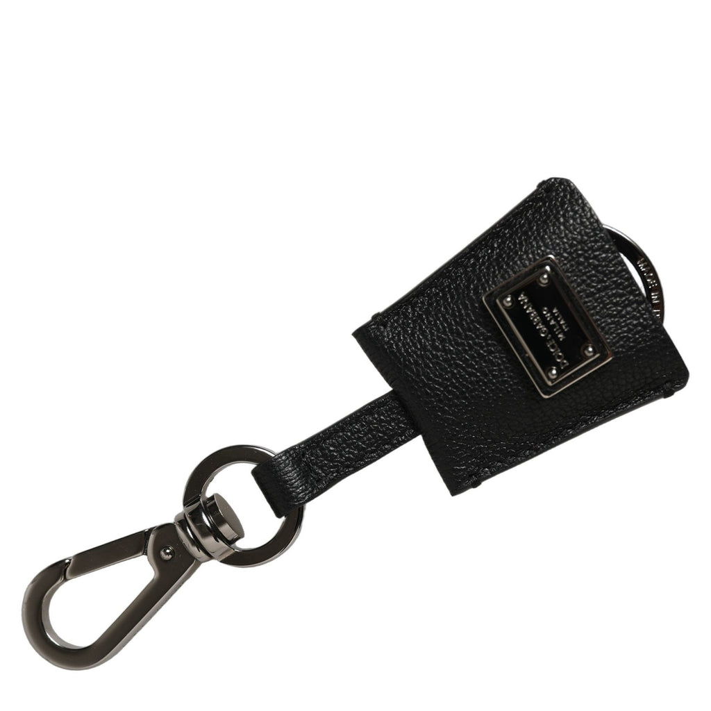 Dolce & Gabbana Black Dauphine Leather Silver Metal Logo Plaque Keyring Dolce & Gabbana