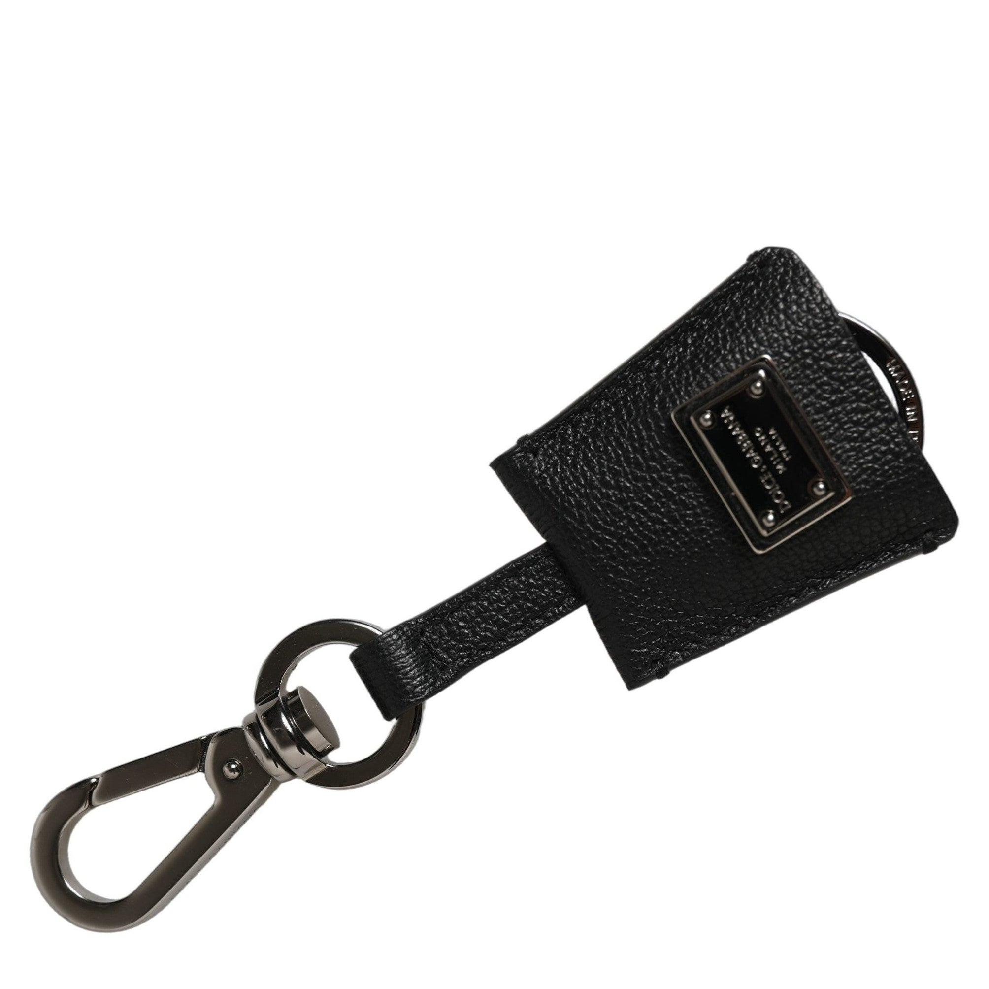 Dolce & Gabbana Black Dauphine Leather Silver Metal Logo Plaque Keyring Dolce & Gabbana