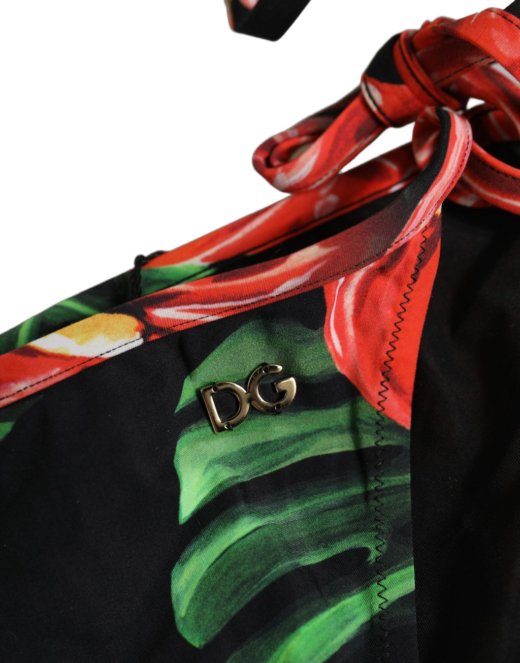 Dolce & Gabbana Black Floral Print Nylon Beachwear Bikini Bottom Dolce & Gabbana