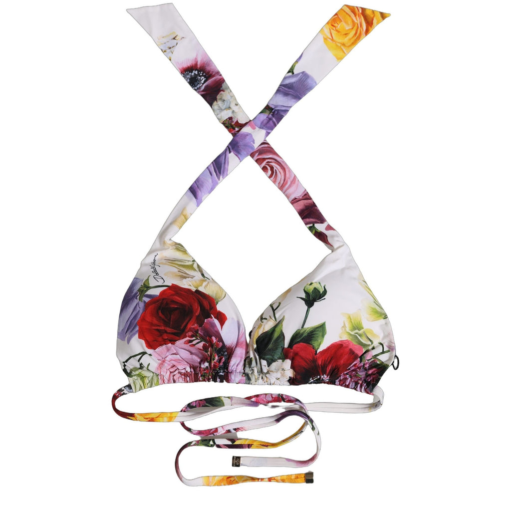 Dolce & Gabbana White Floral Print Triangle Beachwear Bikini Top Dolce & Gabbana