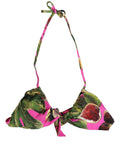 Dolce & Gabbana fuchsia pink fig print bikini top, vibrant beachwear swimsuit with colorful fruit pattern and supportive design.