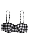 Dolce & Gabbana black and white gingham check bikini top, stylish beachwear with adjustable straps and classic pattern.