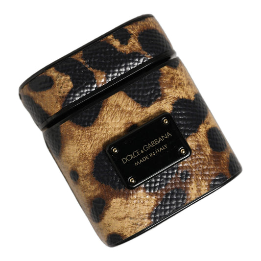 Dolce & Gabbana Brown Leopard Calf Leather Metal Logo Plaque Airpods Case Dolce & Gabbana