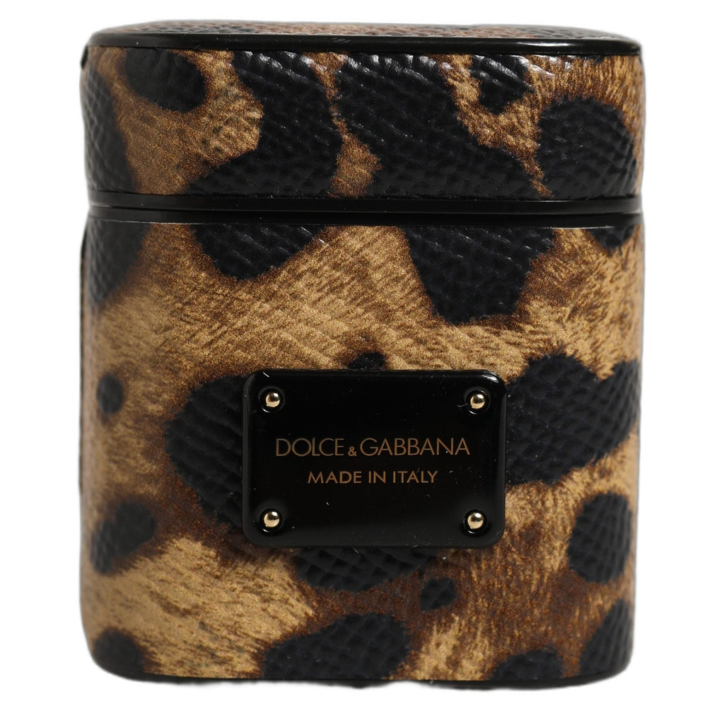 Dolce & Gabbana Brown Leopard Calf Leather Metal Logo Plaque Airpods Case Dolce & Gabbana
