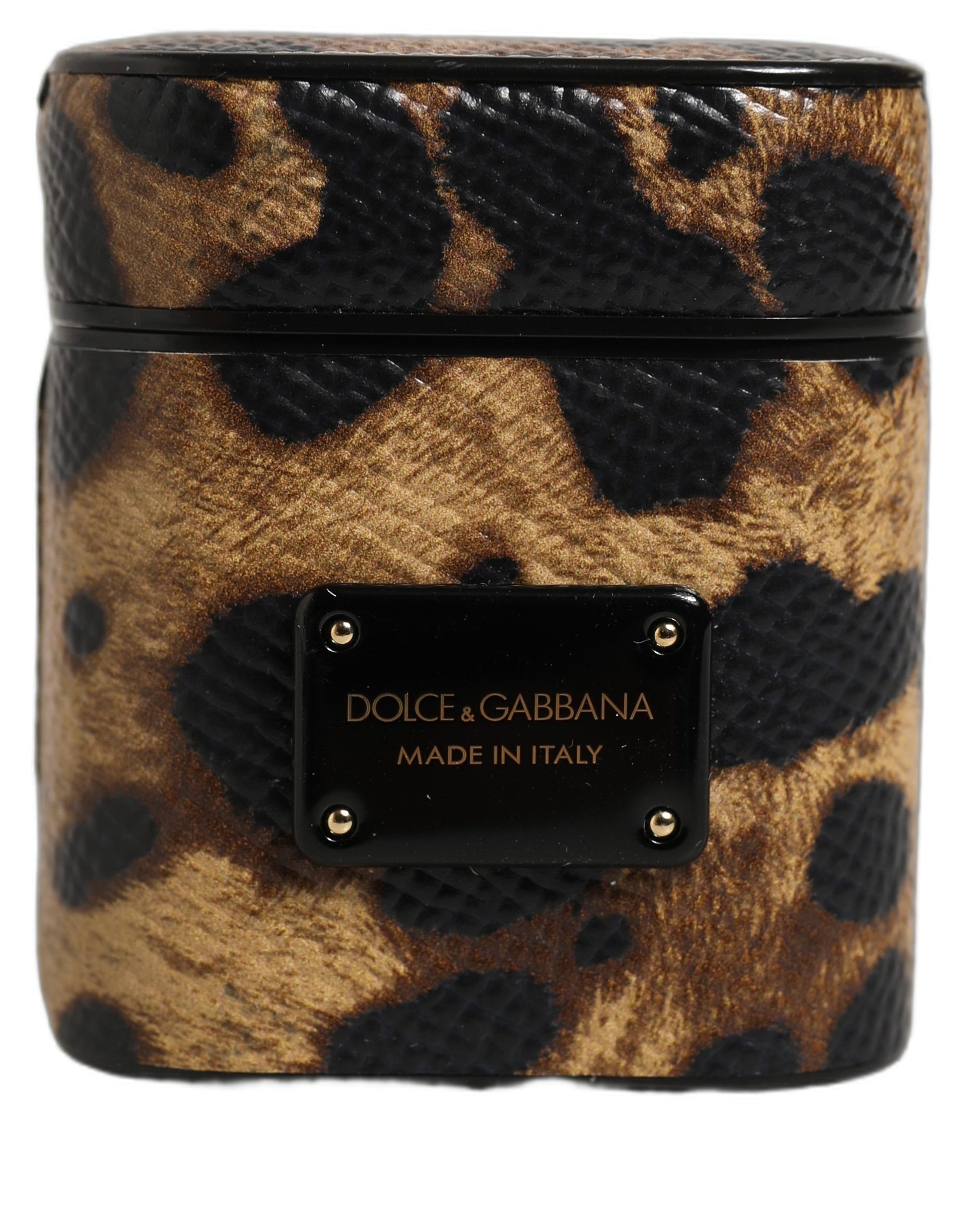 Dolce & Gabbana Brown Leopard Calf Leather Metal Logo Plaque Airpods Case Dolce & Gabbana