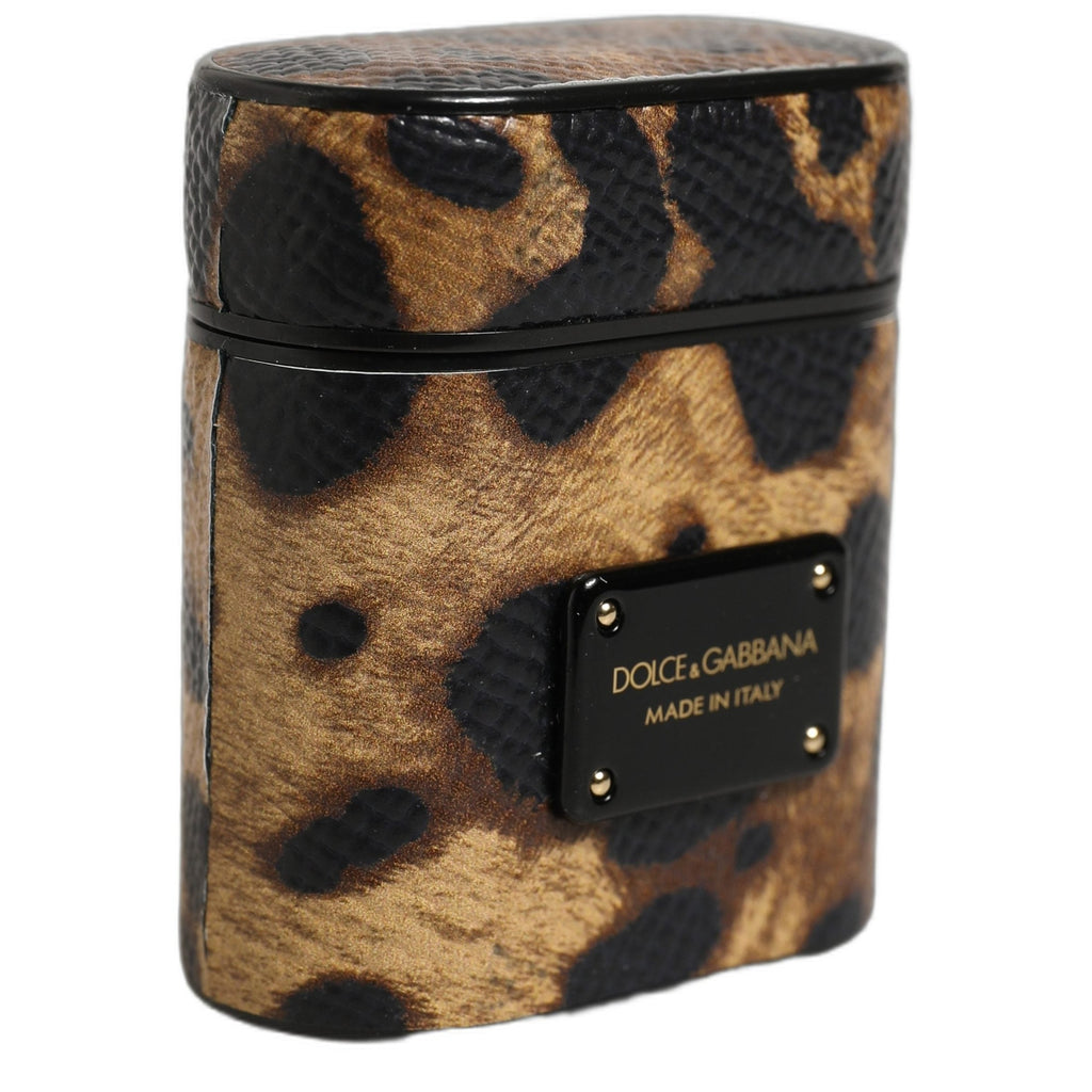 Dolce & Gabbana Brown Leopard Calf Leather Metal Logo Plaque Airpods Case Dolce & Gabbana