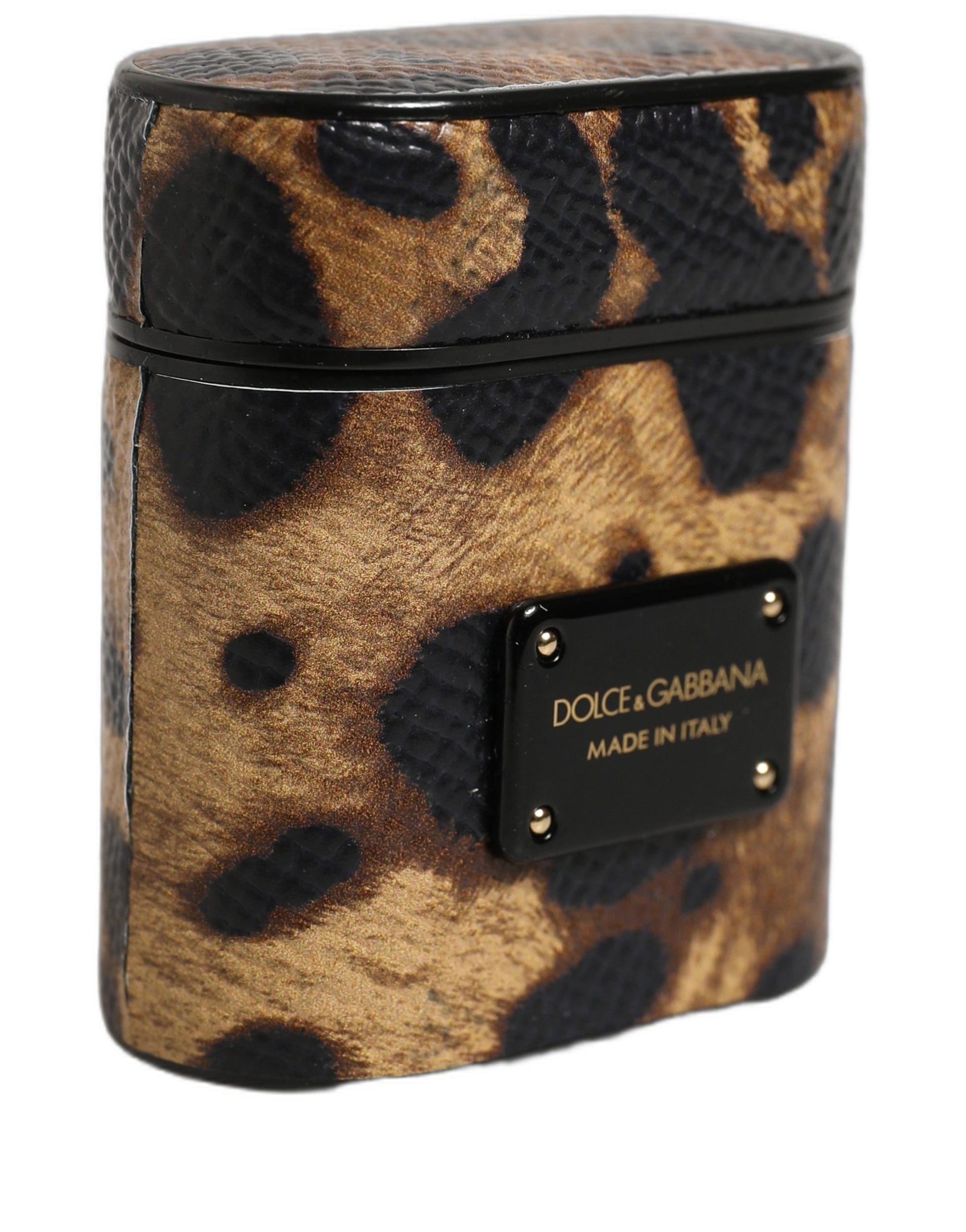 Dolce & Gabbana Brown Leopard Calf Leather Metal Logo Plaque Airpods Case Dolce & Gabbana