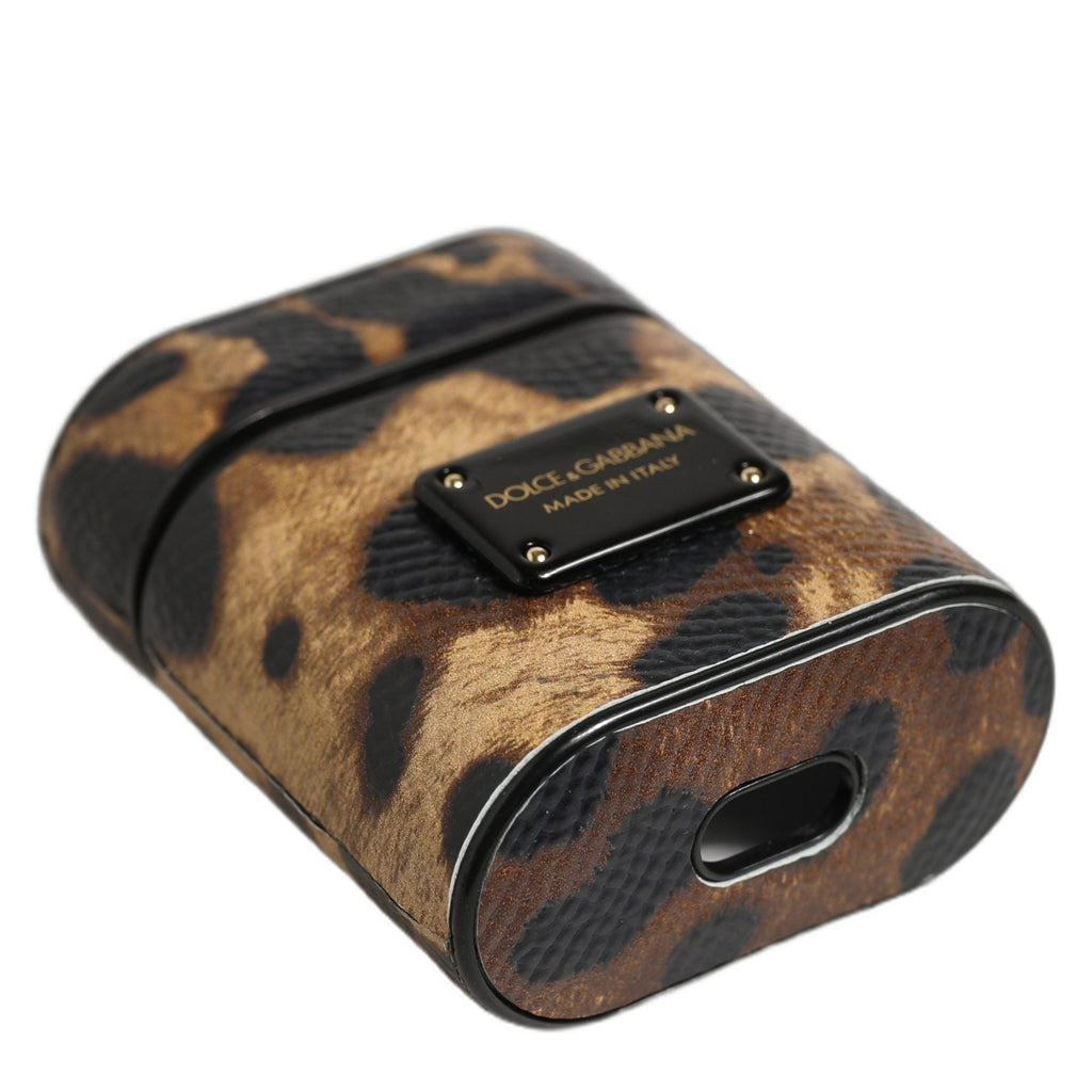 Dolce & Gabbana Brown Leopard Calf Leather Metal Logo Plaque Airpods Case Dolce & Gabbana