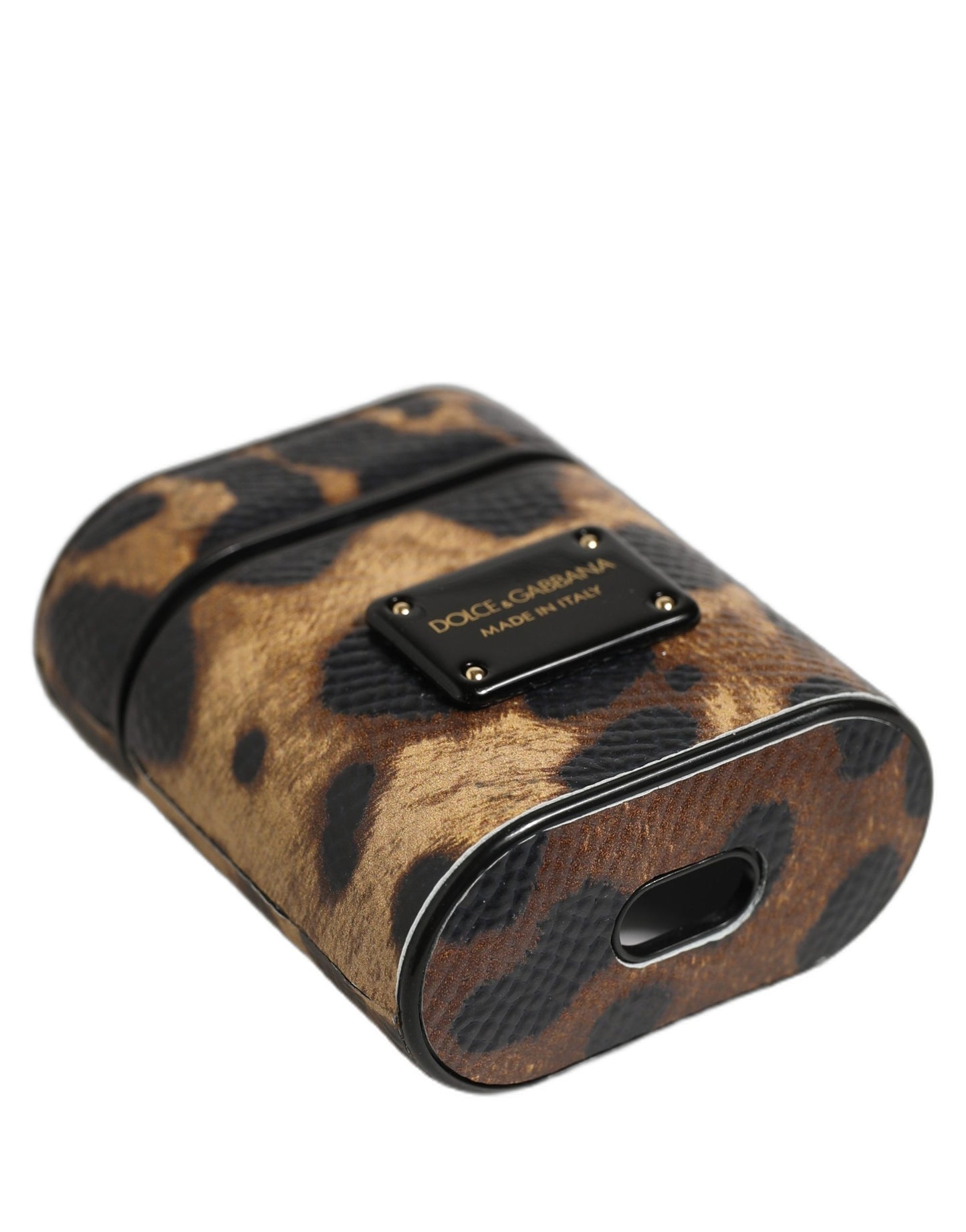 Dolce & Gabbana Brown Leopard Calf Leather Metal Logo Plaque Airpods Case Dolce & Gabbana