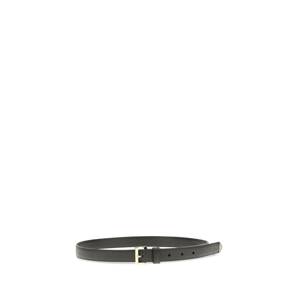 Prada black calf leather Bos Taurus regular belt with silver buckle, stylish mens accessory on a plain background.