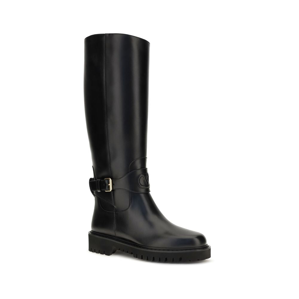 Valentino Garavani Black Calf Leather Bos Taurus Flat Boots Valentino Garavani