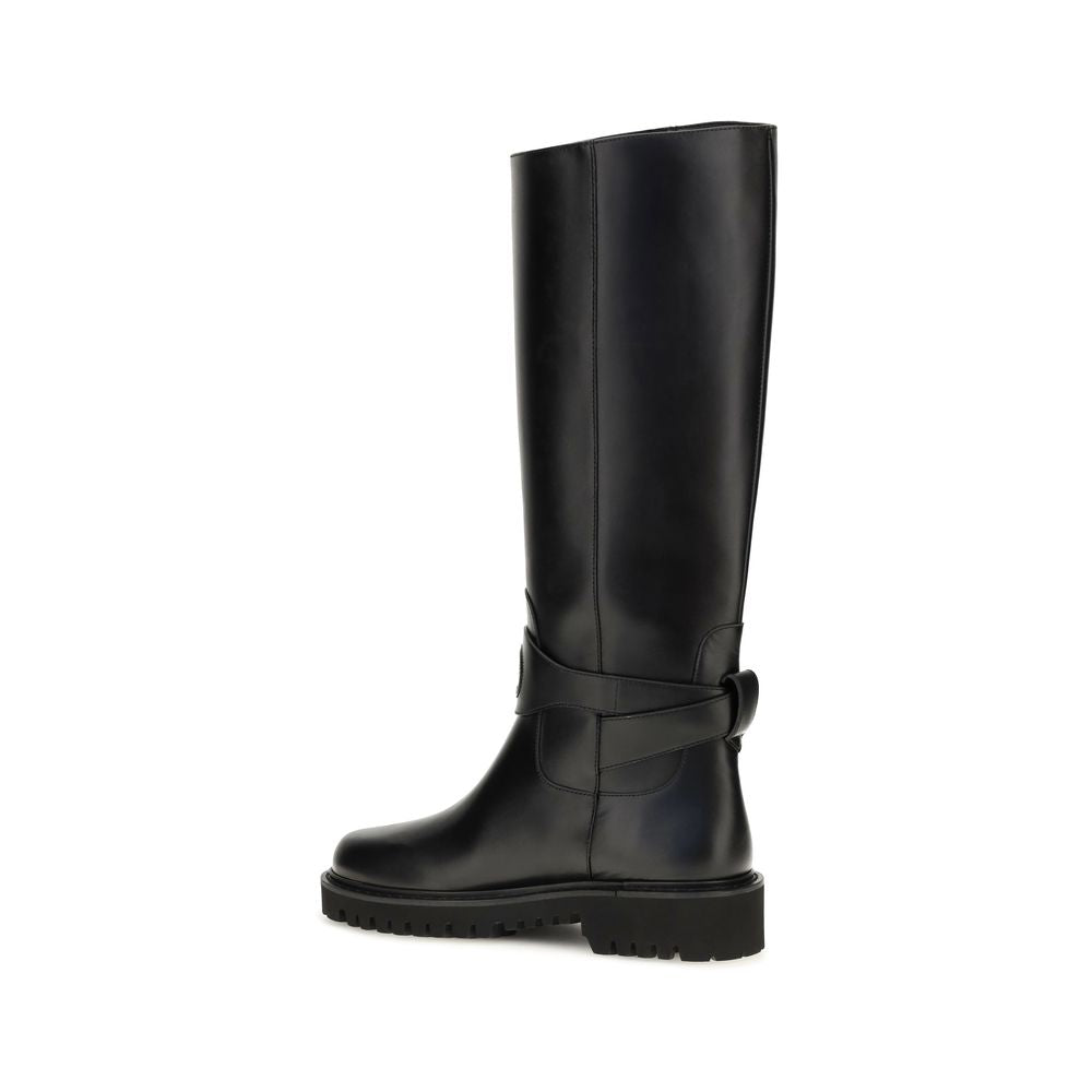 Valentino Garavani Black Calf Leather Bos Taurus Flat Boots Valentino Garavani