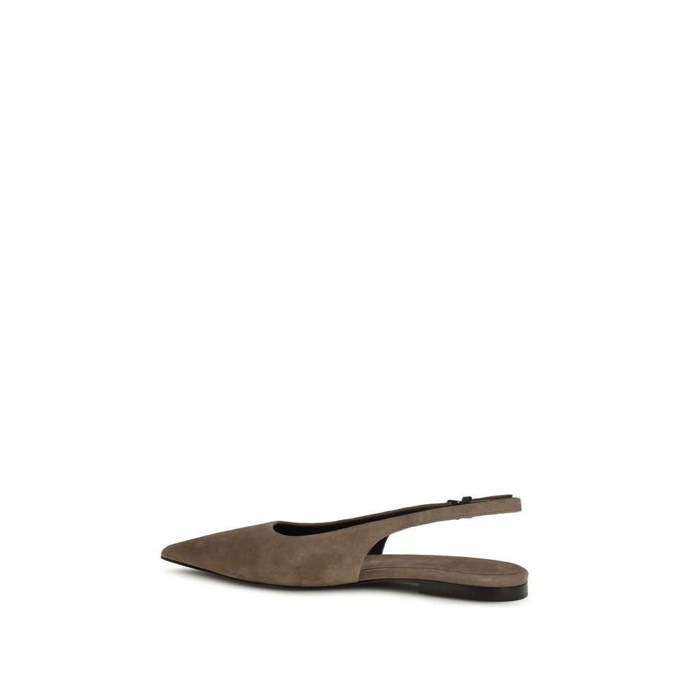 Brown calf leather Brunello Cucinelli Bos Taurus ballet flats with rounded toe and subtle stitching detail.