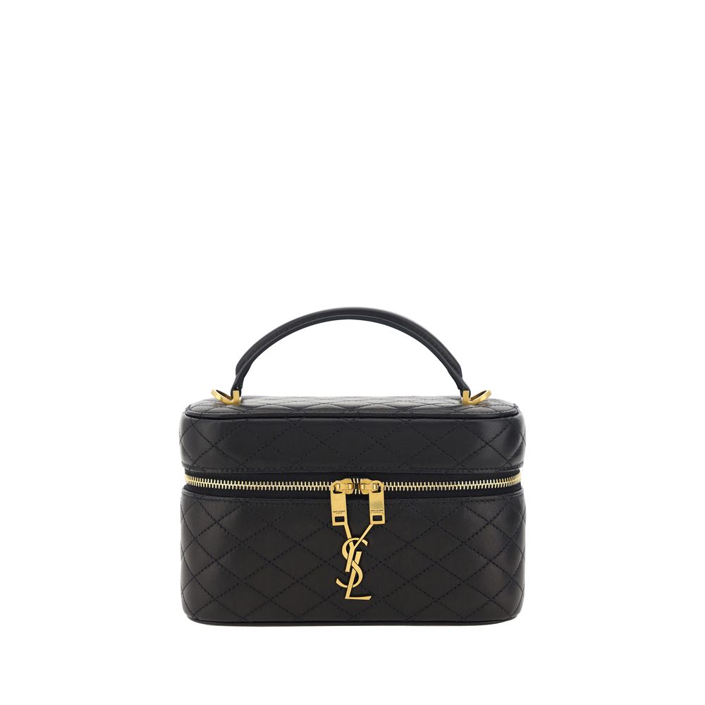 Saint Laurent Bos Taurus shoulder bag made of black calf leather with gold-tone hardware and a structured design.