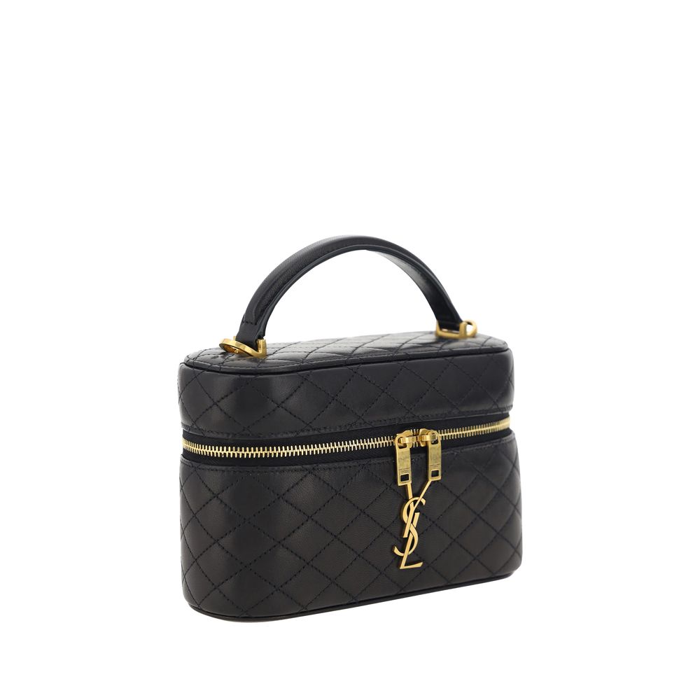 Saint Laurent Bos Taurus shoulder bag made of black calf leather, featuring a sleek design and gold-tone hardware.