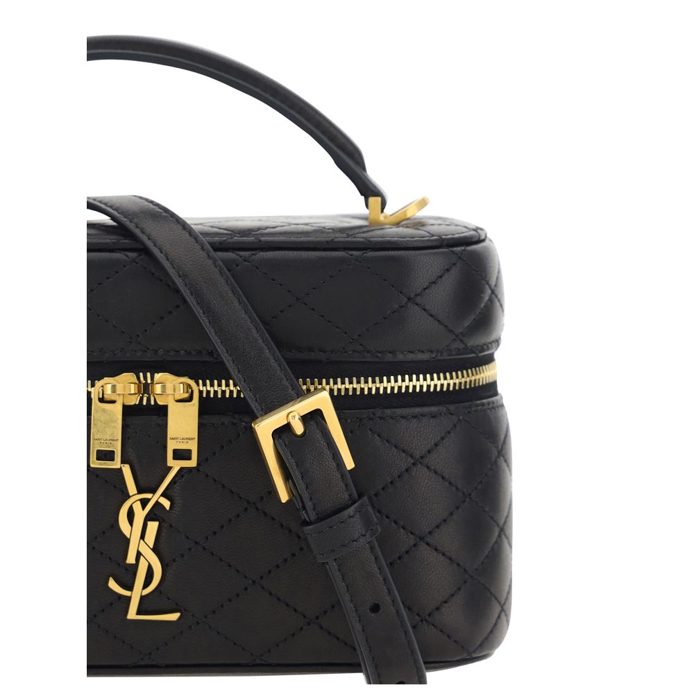Saint Laurent Bos Taurus shoulder bag made of black calf leather with gold-tone hardware and a sleek, structured design.
