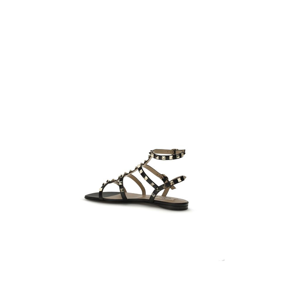 Valentino Garavani Black Calf Leather Bos Taurus Flat Sandals Valentino Garavani