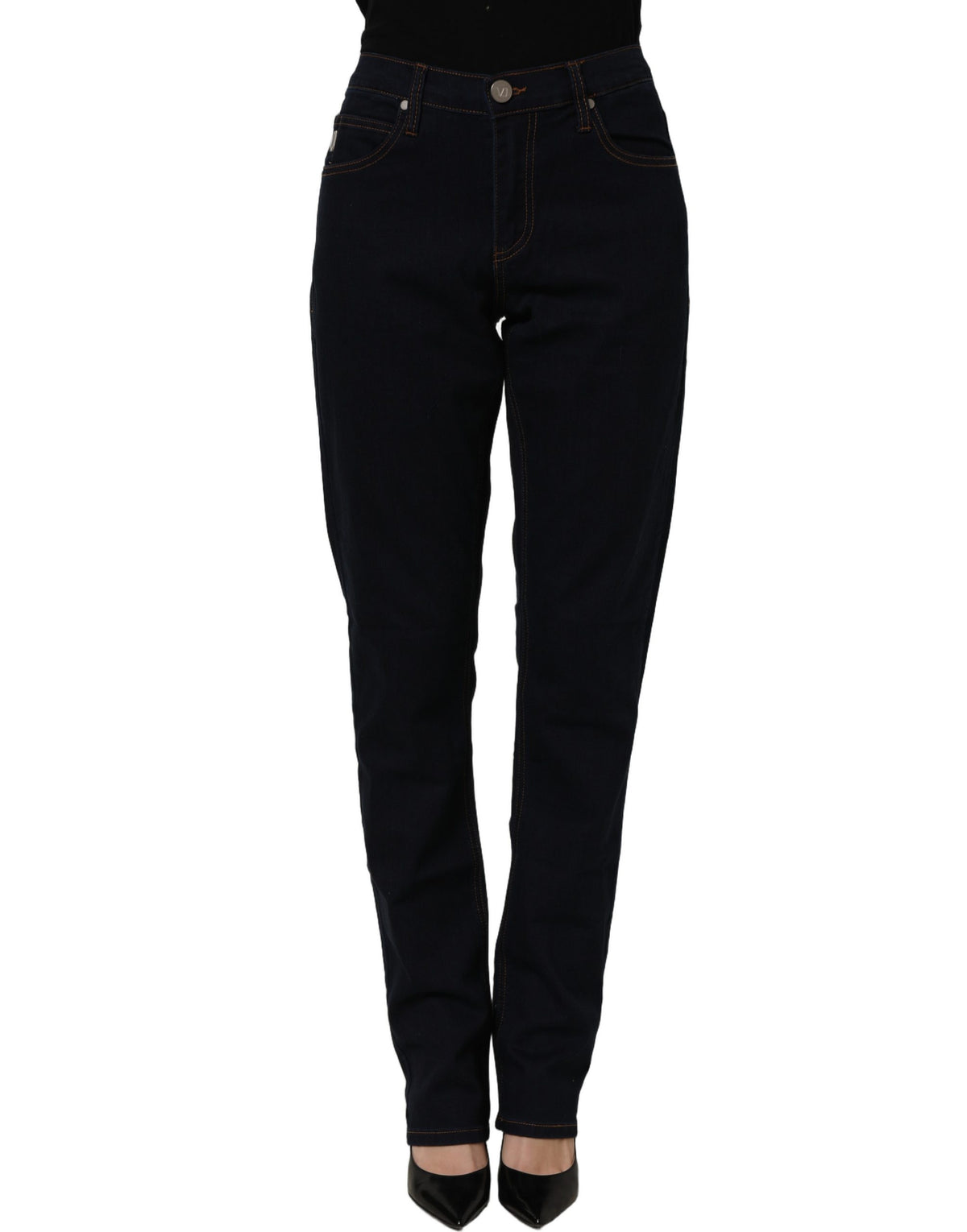 Blue high waist skinny denim trousers by Versace Jeans Couture, showcasing fitted design and classic denim texture.