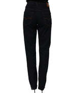 Blue high waist skinny denim trousers by Versace Jeans Couture, showing fitted style with classic stitching and belt loops.