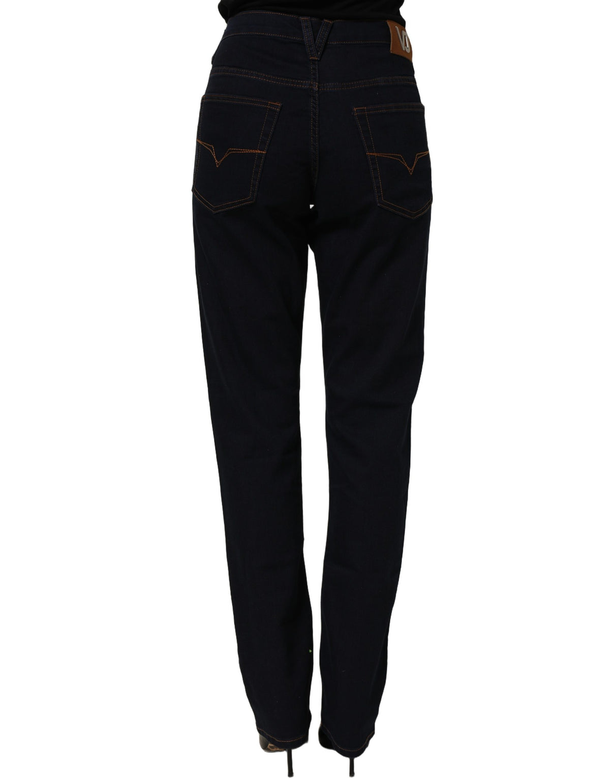 Blue high waist skinny denim trousers by Versace Jeans Couture, showing fitted style with classic stitching and belt loops.