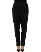 Black QL2 high-waisted straight chino women’s trouser pants displayed on a model, showcasing the tailored fit and classic style.
